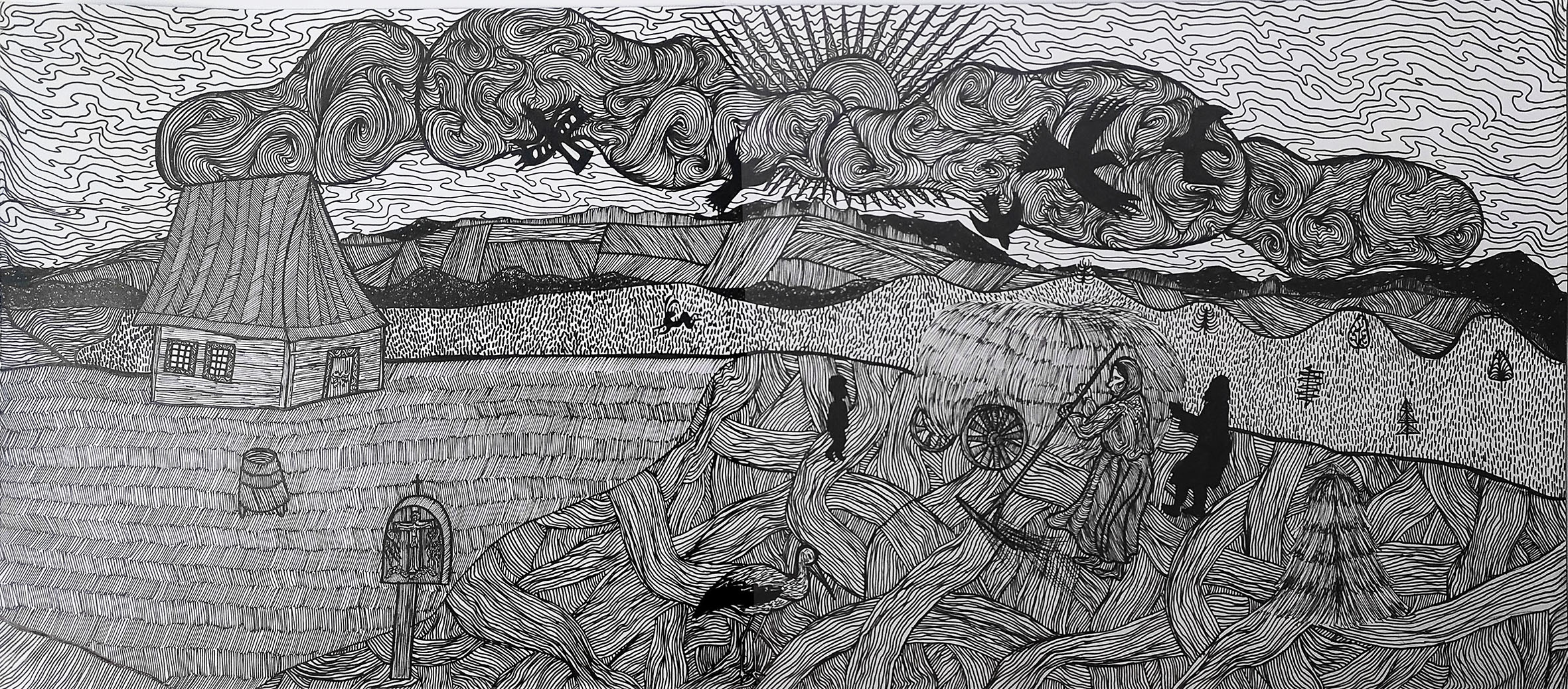 Prace z cyklu Wspomnienia płyną nad polami, cienkopisy Micron o różnej grubości na papierze, każda z prac 30 × 70 cm